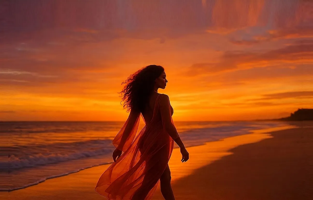 Woman walking on a golden sunset beach — luxury wellness retreat
